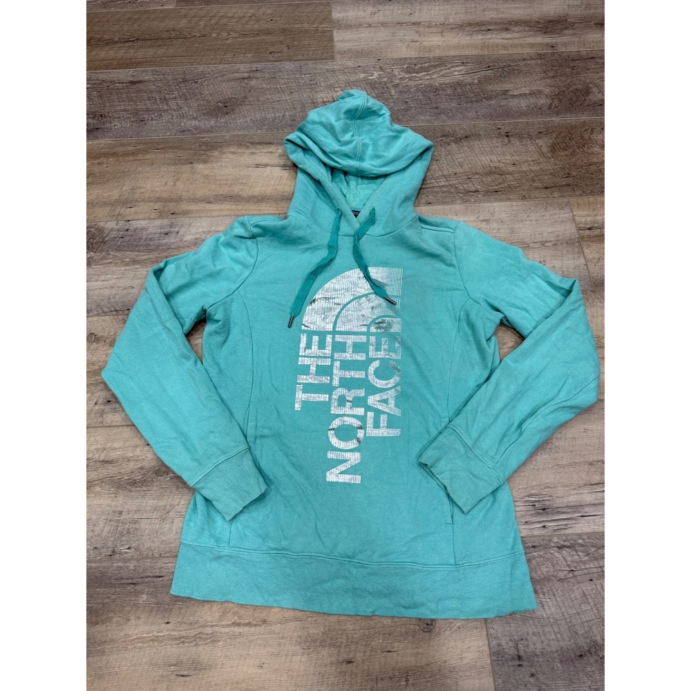 The North Face Womens Teal Pullover Hoodie Metallic Silver Logo Small 0795